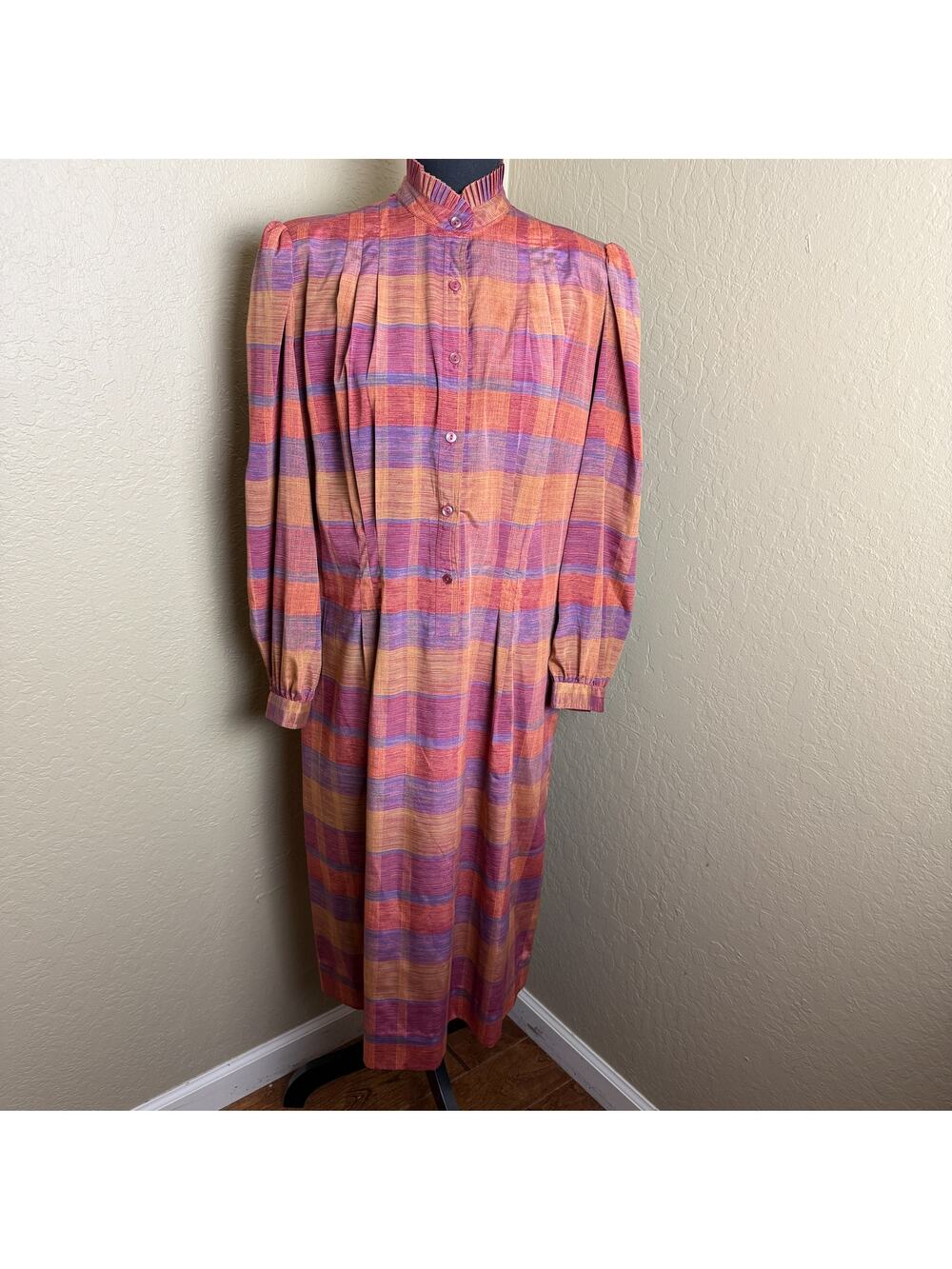 Vintage Nancy Greer Plaid Maxi Dress Size 16 Purple Orange Prairie Secretary